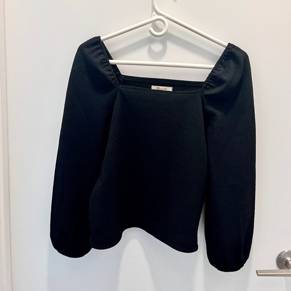 NWOT Madewell Black Crinkle Fabric Straight Neck Long Sleeve Blouse